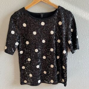 J. Crew Sequin Polka Dot Black and White Boat Neck Top